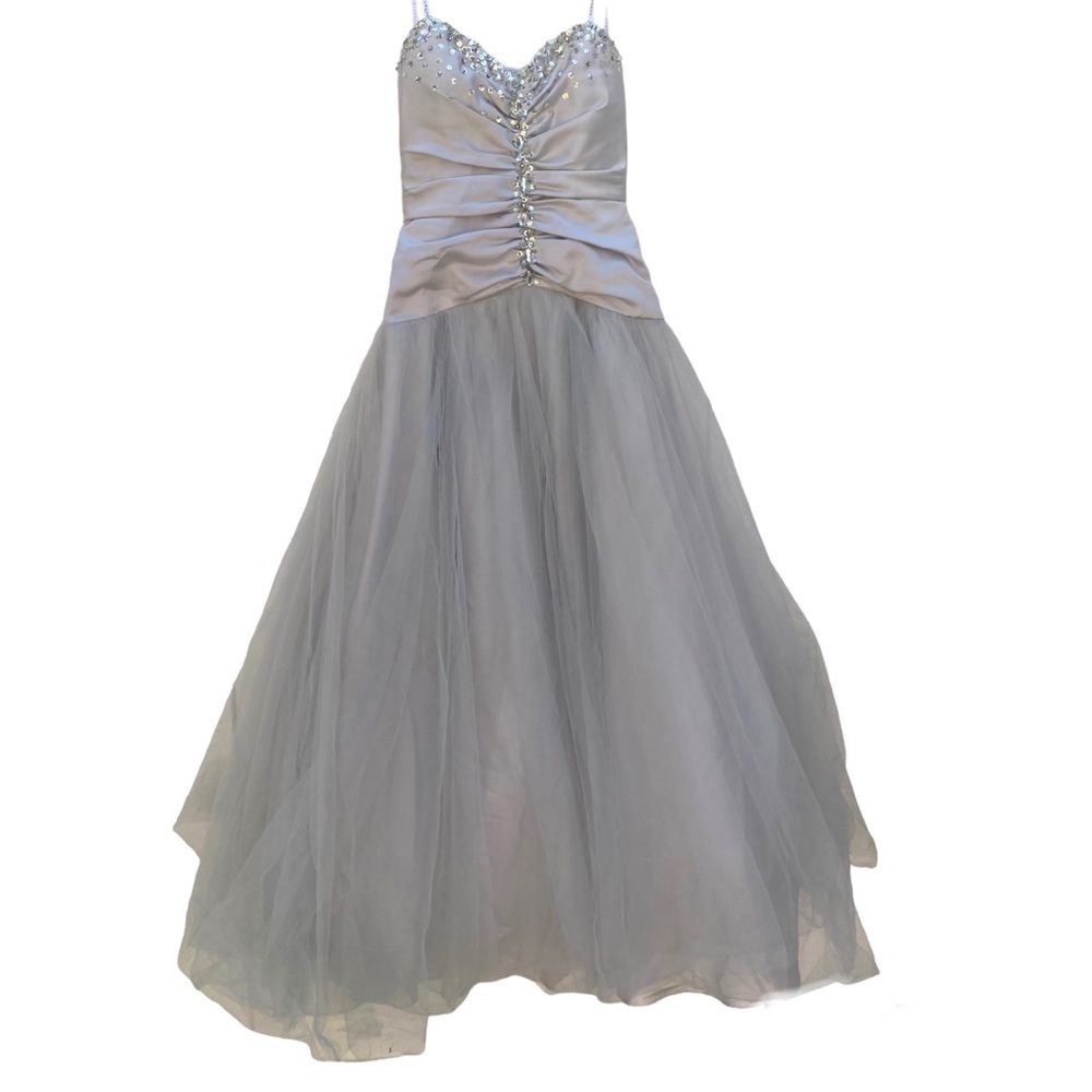 MASQUERADE Cocktail Prom Party Grey Gown Tulle Ruched Strapless Rhinestone 5/6